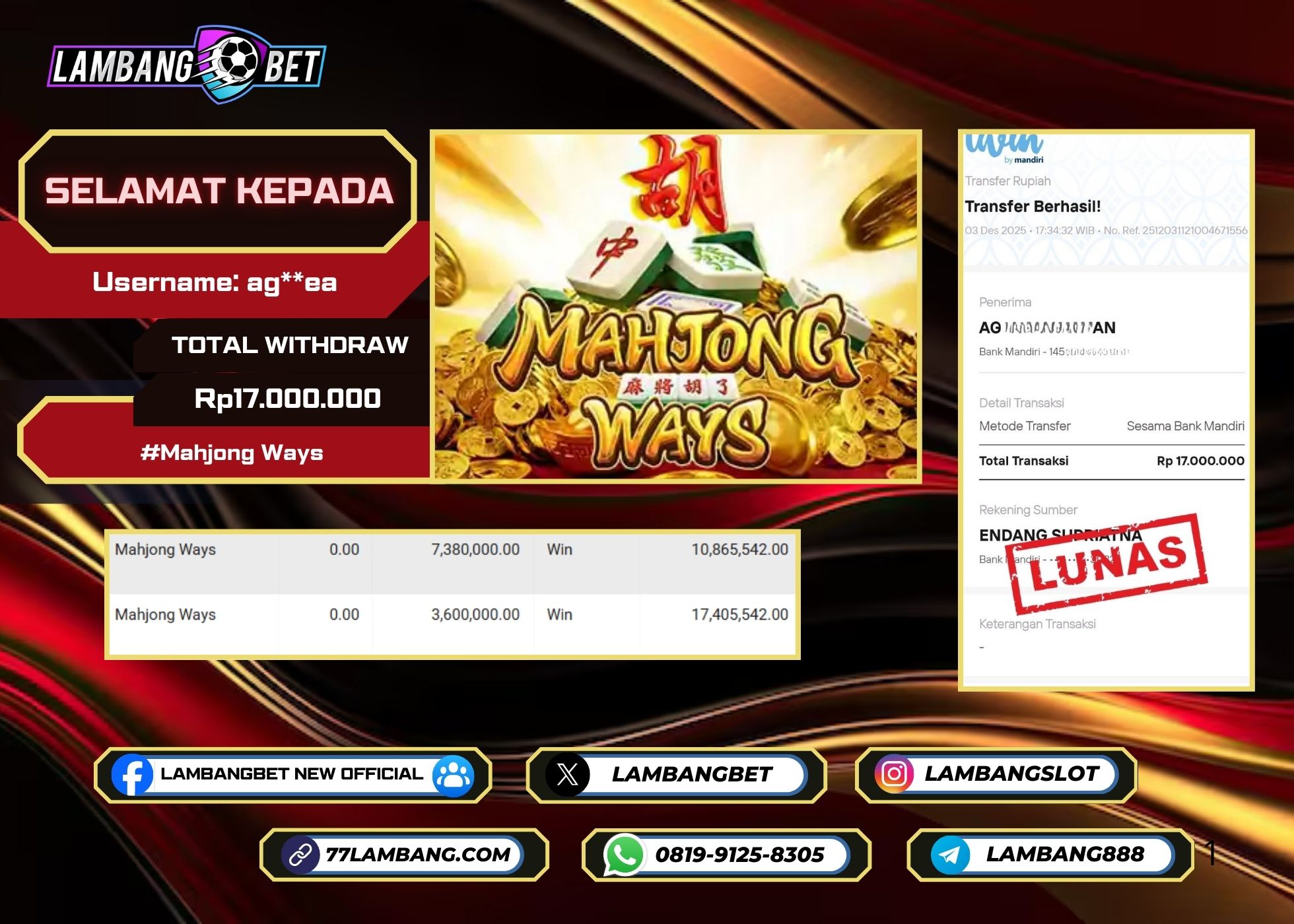 LAMBANGBET [3 DESEMBER 2025] JACKPOT SLOT Mahjong Ways "Rp17.000.000" LUNAS